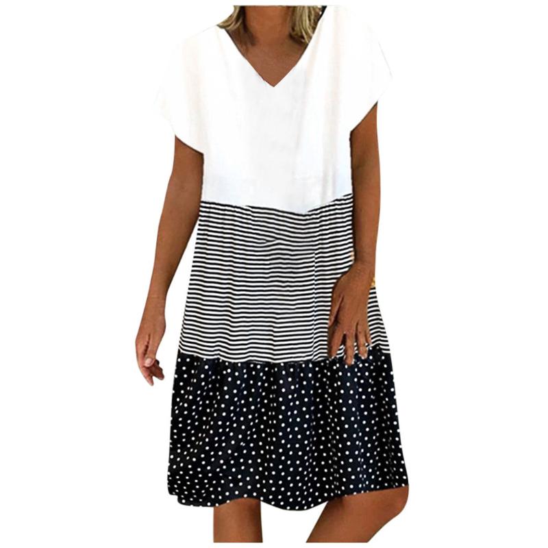 Décontracté femmes robe ample Patchwork rayure point robe femmes vêtements col en v Mini robes coréennes 2020 grande taille élégant