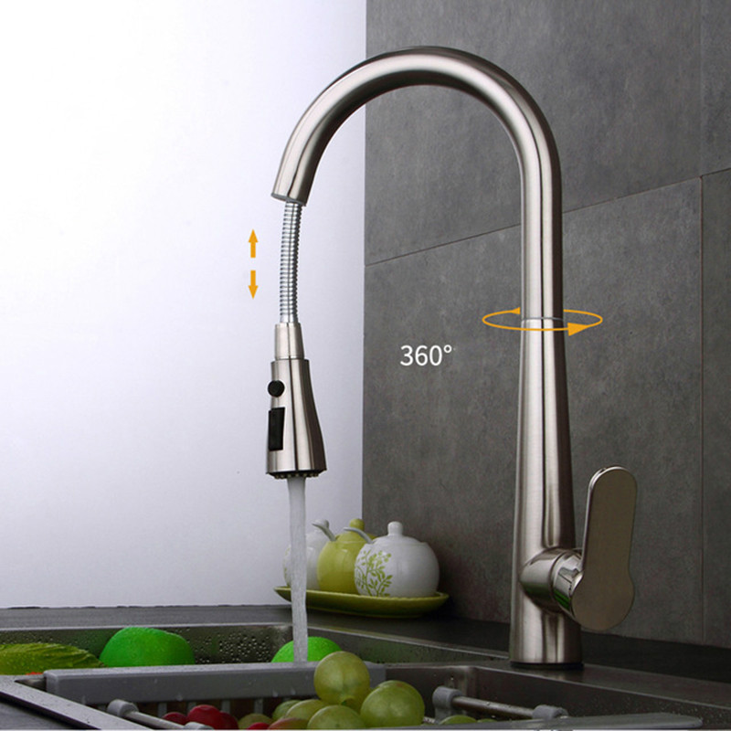 

Quality Brushed Nickel / Chrome Kitchen Faucet Single Handle Hole Vessel Sink Mixer Tap Hot Cold Tall Pull Out Sprayer Sink Mixer Tap