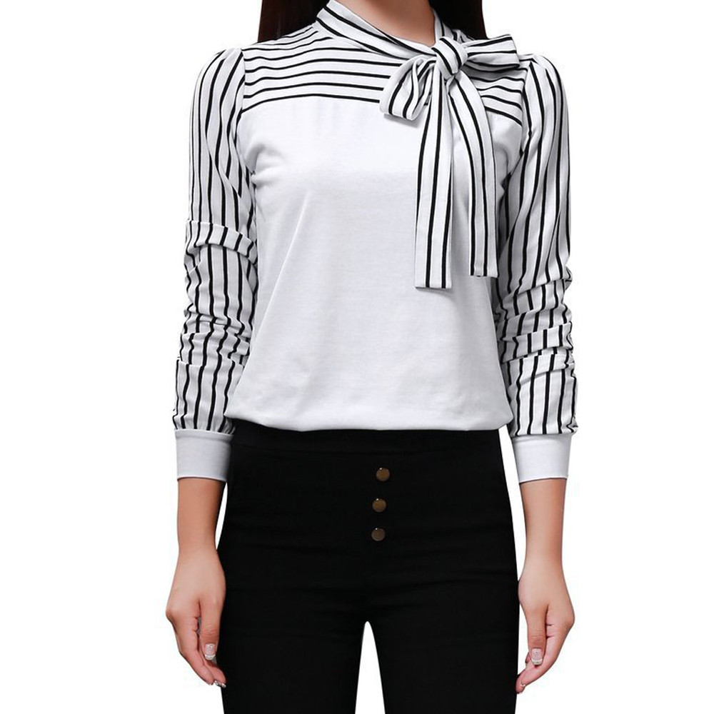 

Womens Tops And Blouses 2019 New Arrival Women Tie-Bow Neck Striped Long Sleeve Splicing Shirt Blouse #1106