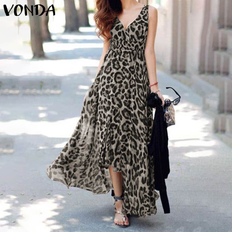 

VONDA 2020 Women Vintage Leopard Printed Dress Sexy V Neck Sleeveless Maxi Dresses Casual Beach Sundress Summer Bohemian Robe, Khaki