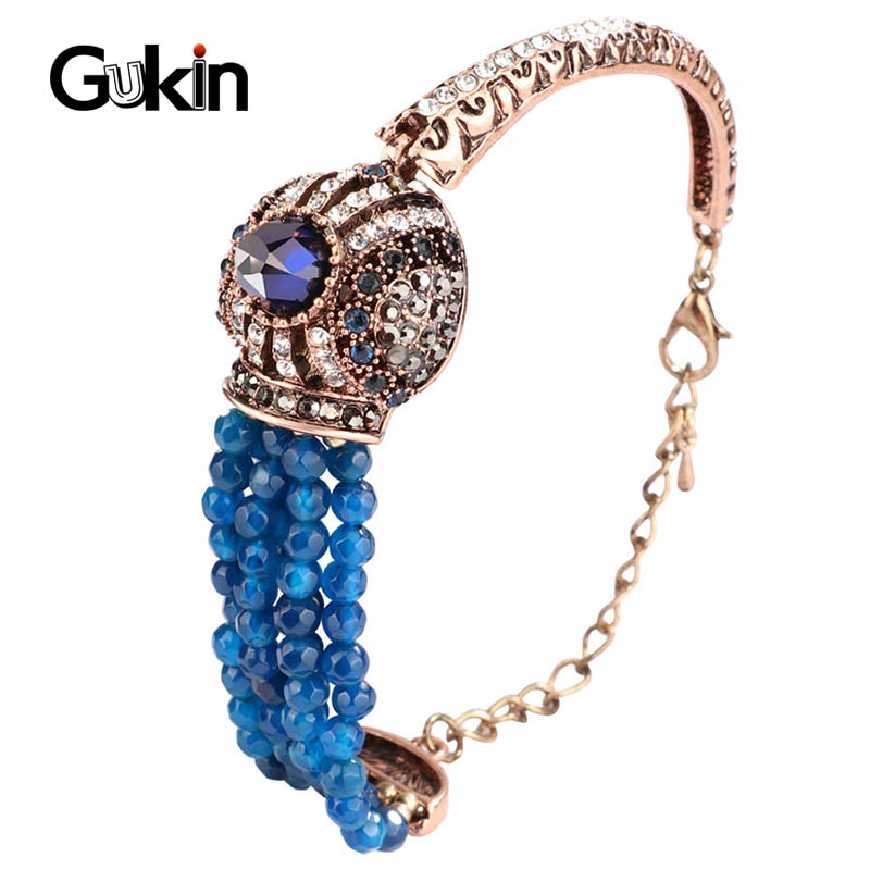 

Gukin Natural Stone Beads Bracelet Vintage Crystal Antique Gold Color Women's Bracelets Party Accessories Gifts Boho Jewelry