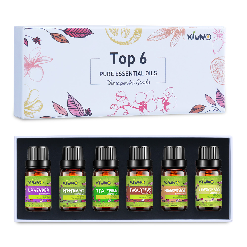 KIUNO Pure Essential Oils 10ML 6Pieces Gift Set Humidifier Aromatherapy Lavender Tea Tree Eucalyptus Peppermint Lemongrass Oil