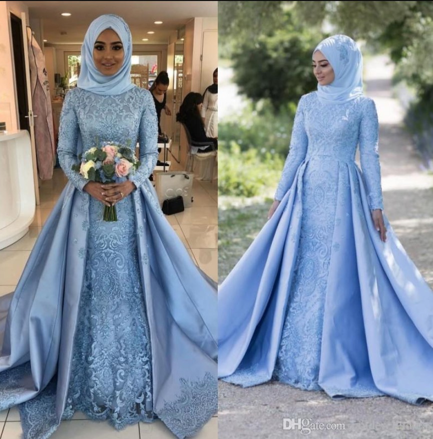 

Newest A Line Muslin Long Sleeves Evening Dresses With 3D Flowers Adorned Bridal Gowns 2020 Modest Vestidos De Mariage, White