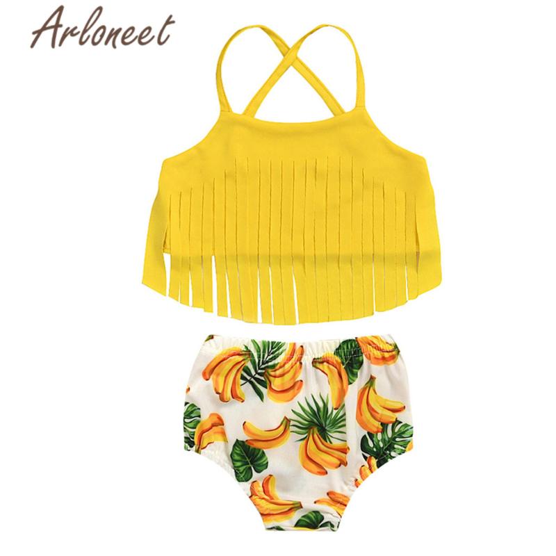 Infant Baby Girls Tassel Halter Tops Yellow Banana Print Swimsuit Bikini Beachwear