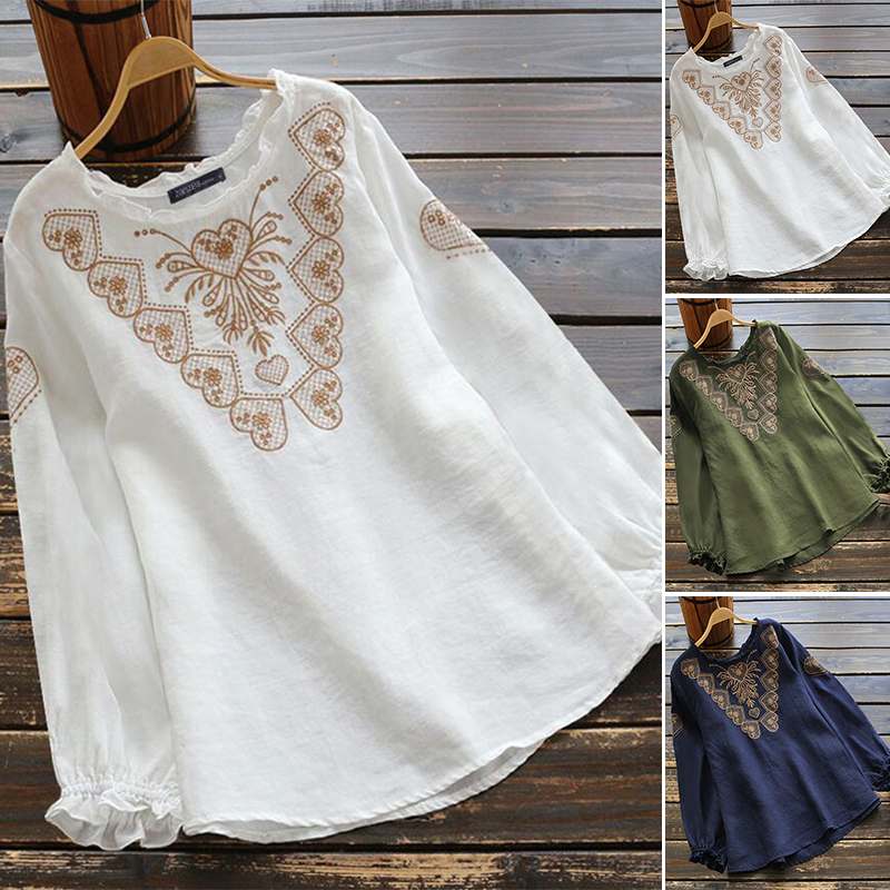 

Plus Size Stylish Floral Tunic Women' Spring Blouse 2020 ZANZEA Casual Long Sleeve Blusas Female Embroidery Shirts Tops -5XL, Army green