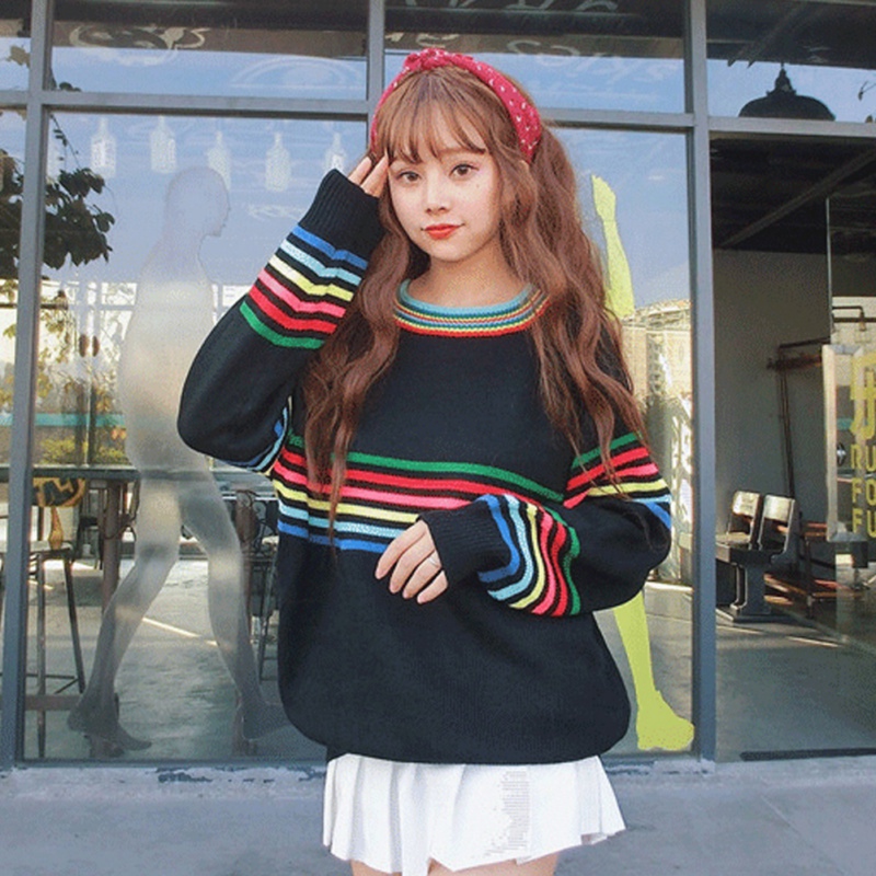 

Women Striped Sweaters Korean Long Sleeve O-Neck Pullovers Autumn Loose Casual Warm Knitted Jumpers, Black