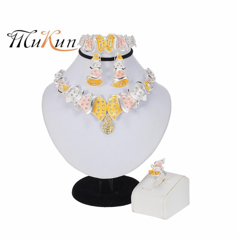 

Earrings & Necklace MUKUN 2021 Exquisite Dubai Women's Jewelry SetCrystal Ring Bracelet Trendy Nigerian Wedding, As pic