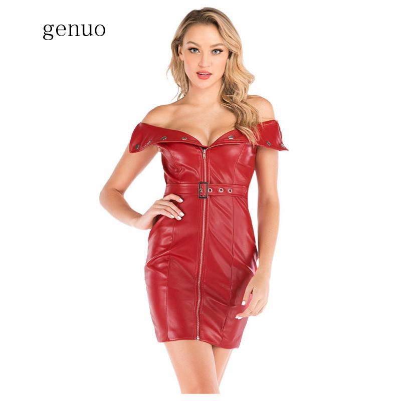

Winter New Ladies Leather Dress Paint Zipper Pencil Tight Dress Party Ball Casual Sexy Warm Word Collar Mini, Black