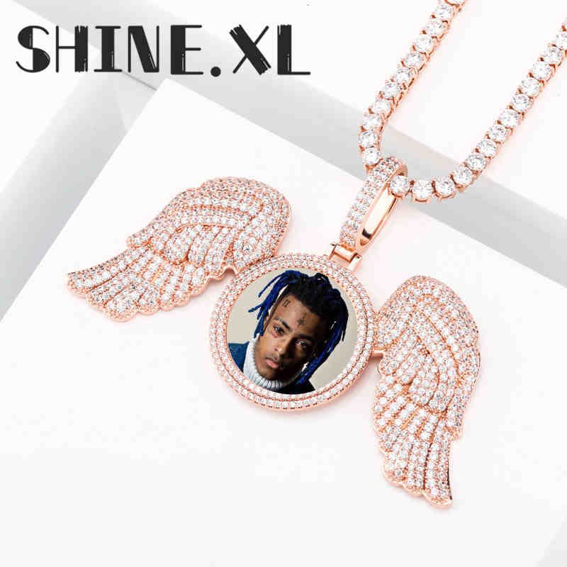 Hip Hop Iced Out Angel Wings Large Custom Photo Frame Pendant Full of Zircon Jewelry Mens Necklace
