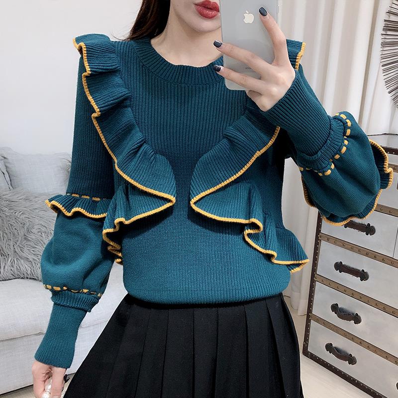 

2020 early spring sweater women's new spring and autumn sweater Korean style temperament ruffled wild bottoming shirt was thin, Black