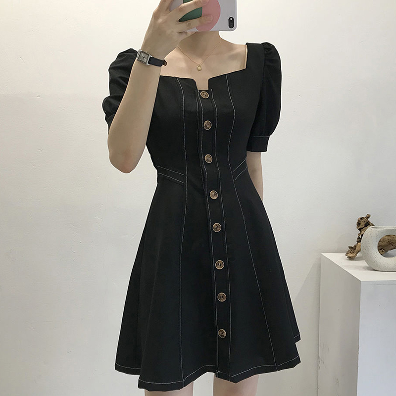 

2020 New Vintage Chic Vestidos Square Collar Elegant A-line Summer Dress High Waist Buttons Puff Sleeve Dresses Women, Black