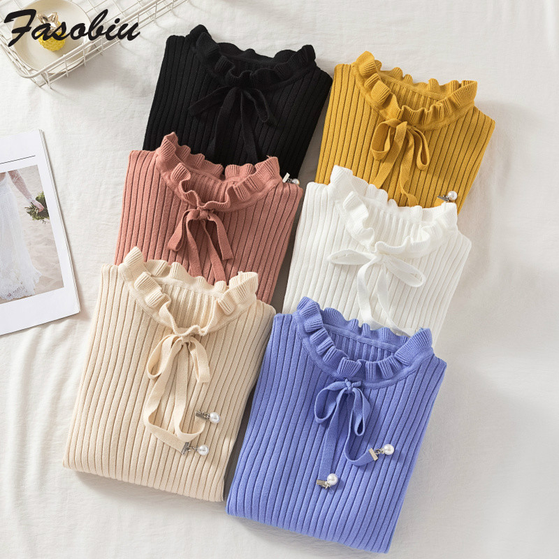 

2020 Autumn Winter New Half-high Collar Pullover Sweater Women Slim Bow-knot Long Sleeve Quality Knitted Sweater Jumper Top, Beige