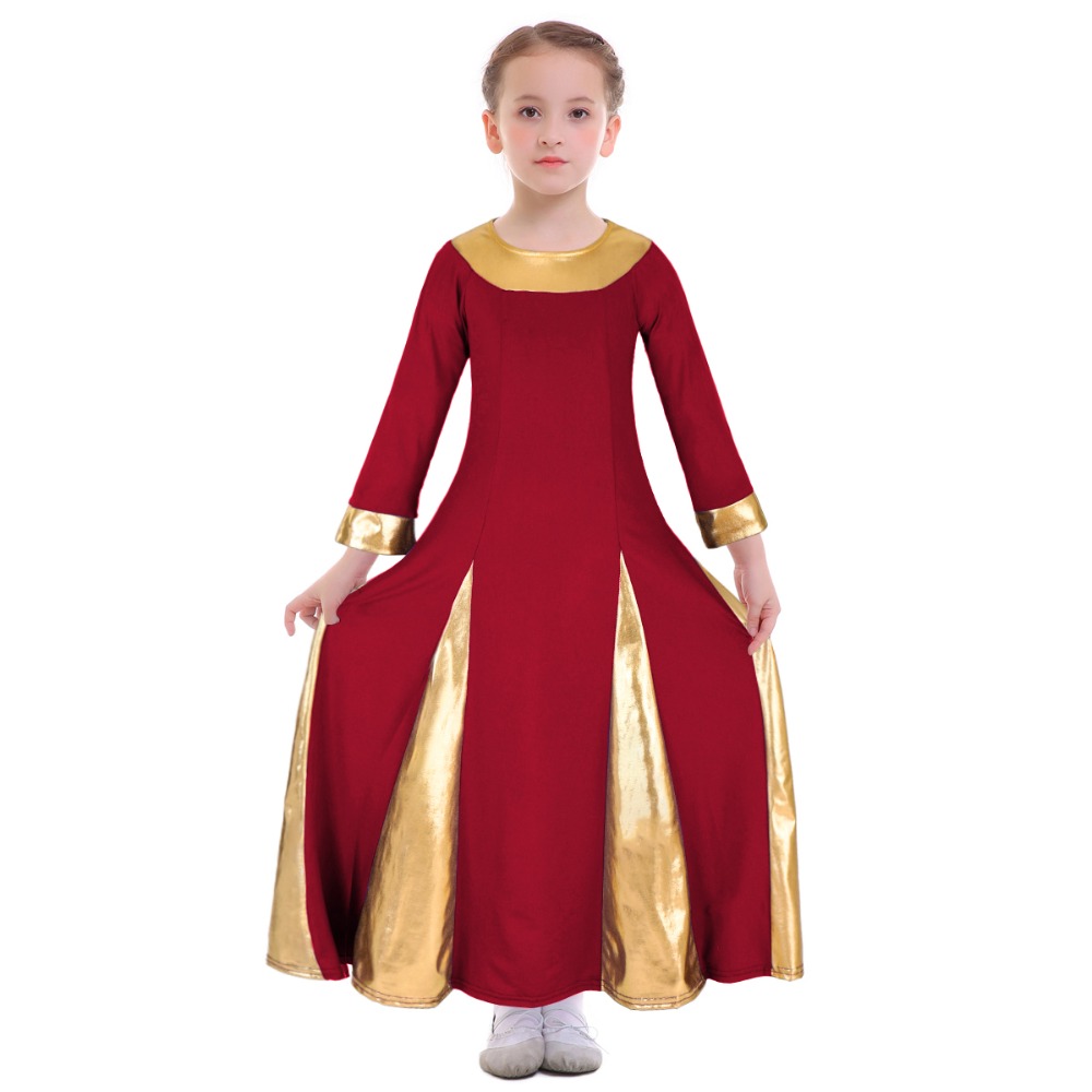 

2019 New Kid Girls Praise Dress Metallic Lyrical Church Dance Ballet Long Maxi Dress Costume Gown Ball Dance Wear Ballet, Purple