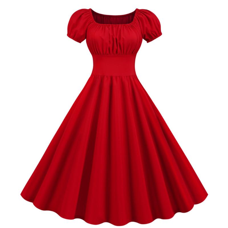 

Dress WomenSummer Square Neck Short Sleeve Retro 50s 60s Vintage Party Swing Womens Dresses New Arrival 2020, Black