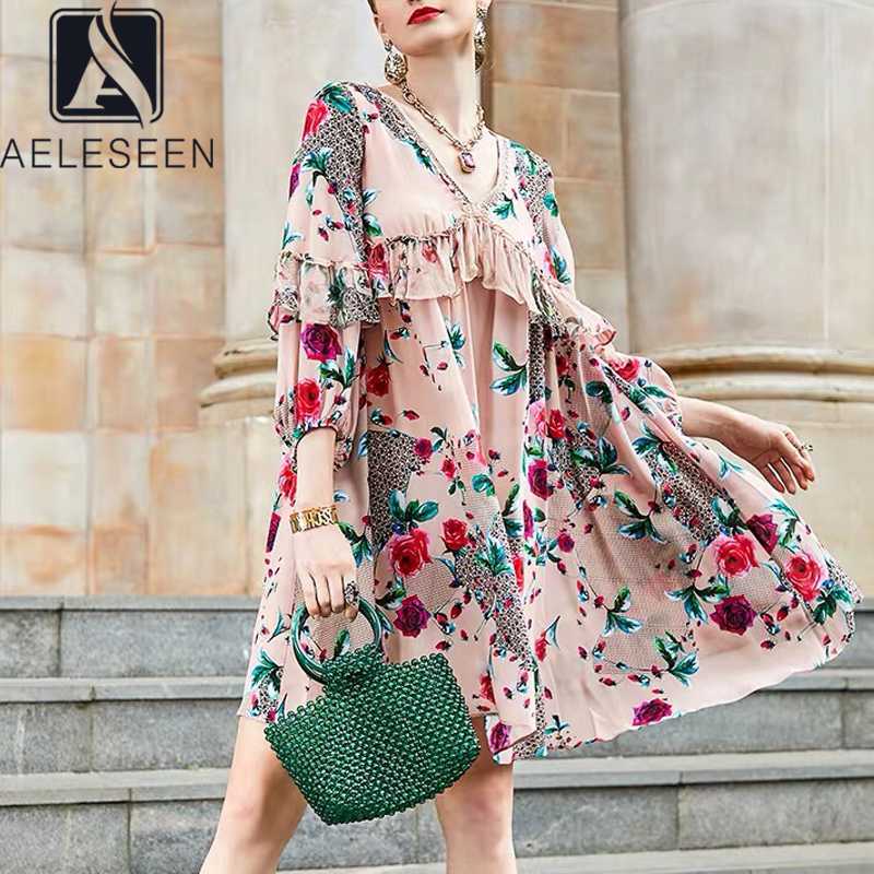 

AELESEEN Runway Fashion Silk Dress 2020 Spring Summer Ruffles Floral Print Mesh Patchwork Mini Loose Princess Dress Vestidos, As pic