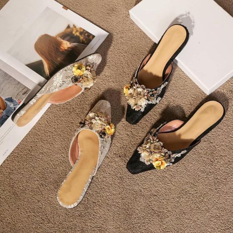 

2020 summer slippers lady half - towed wear lazy drag fairy shoes flower, Beige