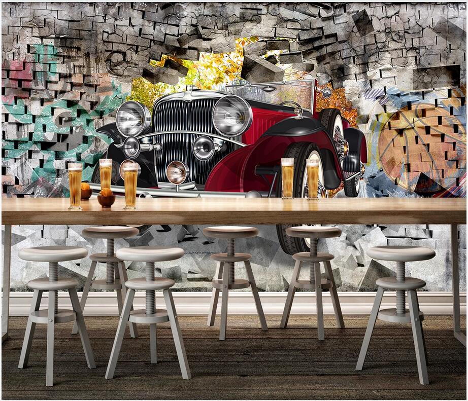 

custom photo 3d wallpaper Nostalgic classic car through the wall bar restaurant 3D stereo background photo wallpaper wall papers home decor, Non-woven wallpaper