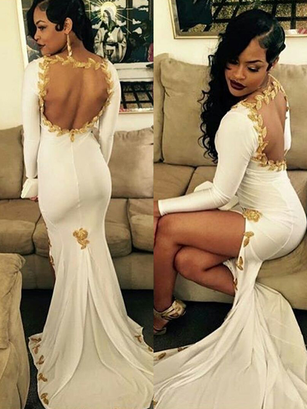 

2018 Ivory Mermaid Prom Dresses Long Sleeves Open Back Appliques Beads Sweep Train See Evening Party Gowns, White