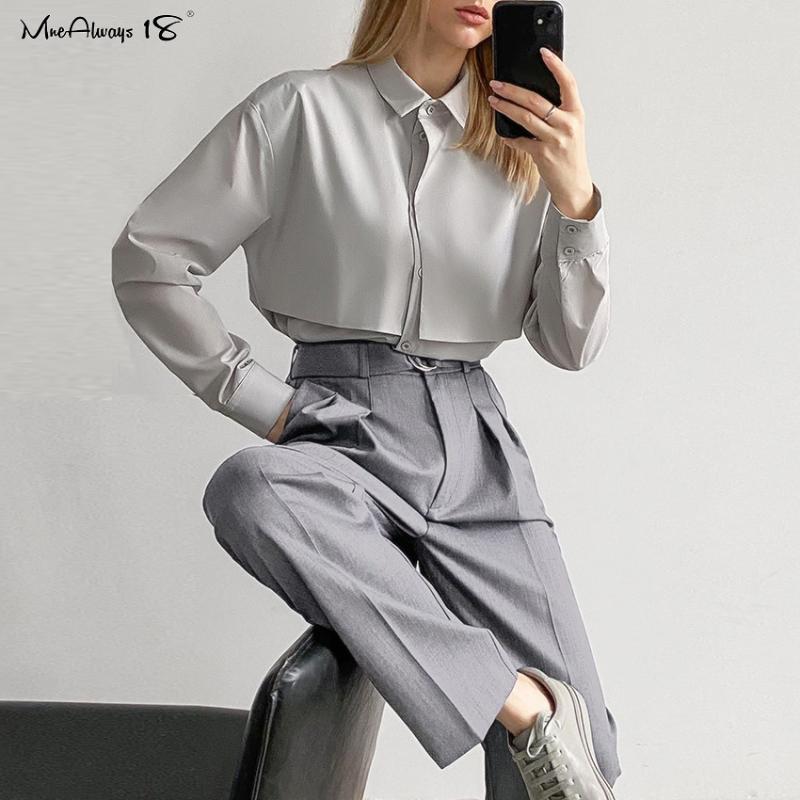 

Mnealways18 Fashion Gray Cotton Shirt Women Chic Office Blouse Long Sleeve Turn Down Collar Button Ladies Shirt Work Wear 2020