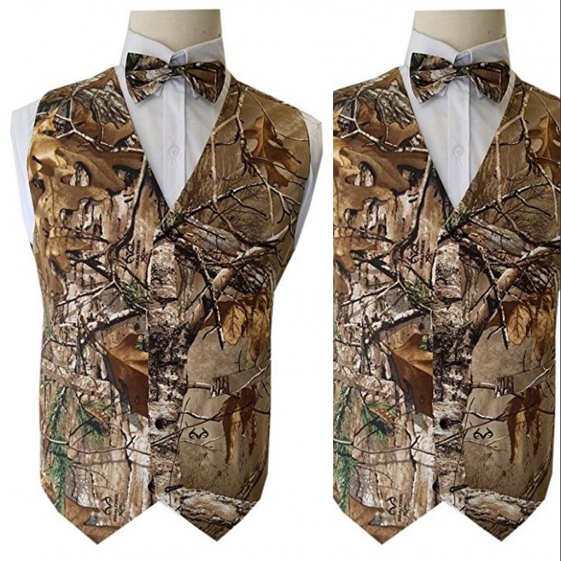 

Novelty Camo Groom Vest Tree Trunk Leaves Spring Camouflage Wedding Vests Slim Fit Prom Men Vests, As pictures