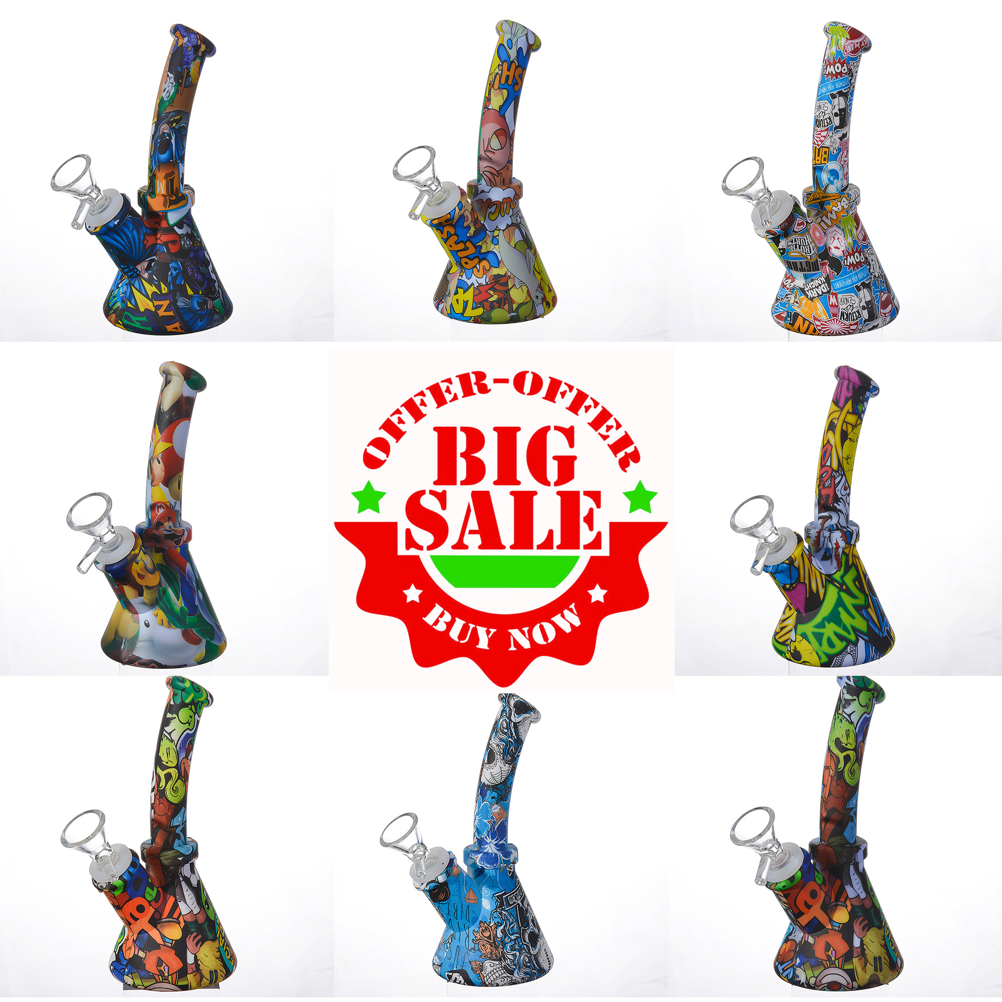 

Silicone Bong 6.4 Inch Beaker Base Hookahs Water Pipes Cartoon printing 14mm female unbreakable bongs Silicon Downstem & Glass Bowl
