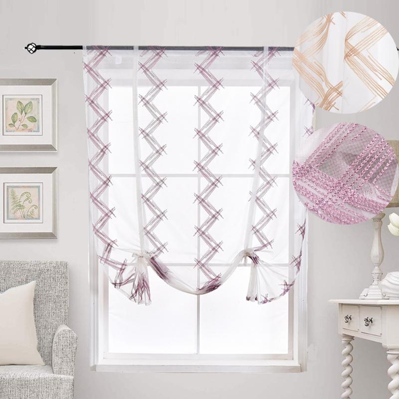 

Kitchen Roman Curtains Shiny Sliver Line Embroidered Sheer Tulle Curtains Living Room Balcony Voile Valance Roman Blind, Purple