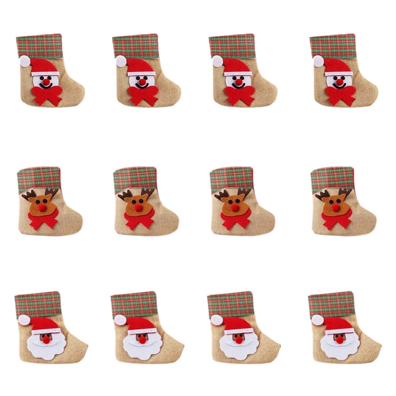 

12 pcs Mini Christmas Stocking Gift 3d Santa Claus Snowman Christmas reindeer in sock canvas Cutlery for decorations