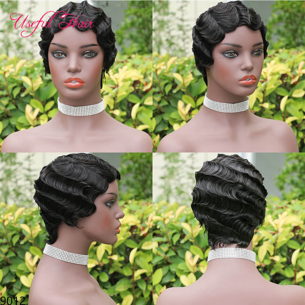 

Finger Wave 99J Short Straight Ombre Short Wigs Brazilian Virgin Hair Human Hair Wigs for Black Women Elegant Ombre Wig Preplucked Baby Hair, Same with picture