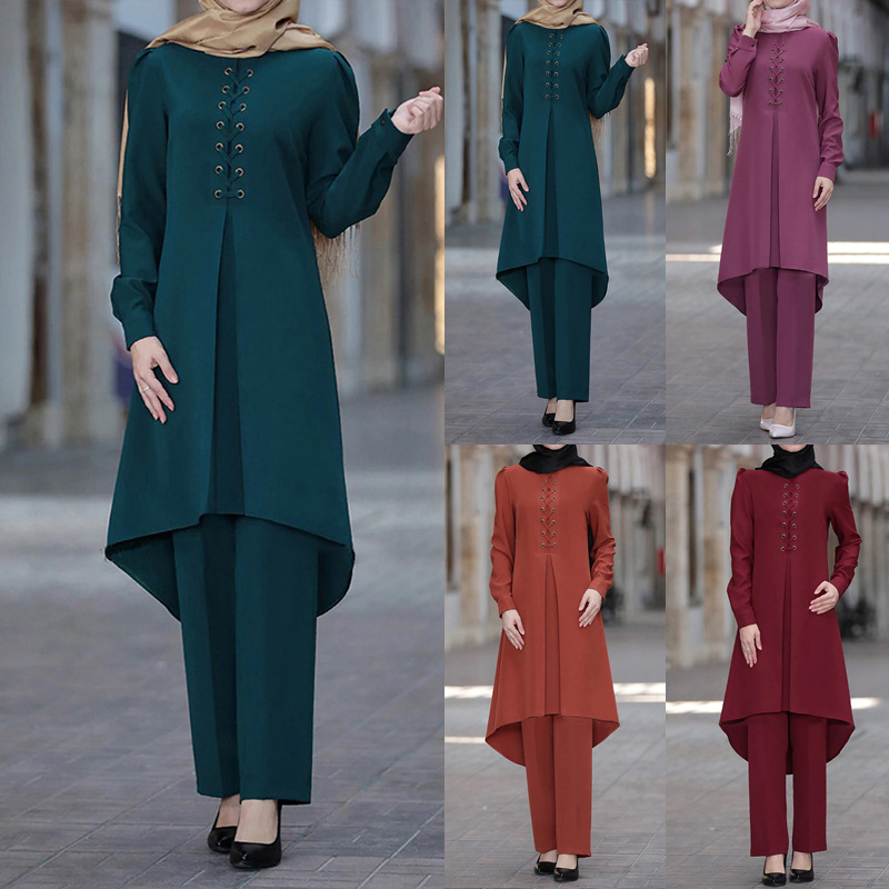 

Muslim Set Fashion Women's Pants Suit 2 Two Piece Vintage Elegant Women Tops Turkey Muslim Abaya Ramadan Kaftan Islamic Clothing