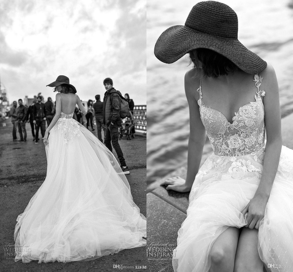 

New Lace Spaghetti Bohemian Beach Wedding Dresses Bridal Gowns Top Lace Sleeveless A Line Cheap vestidos de novia BC1832, Gold