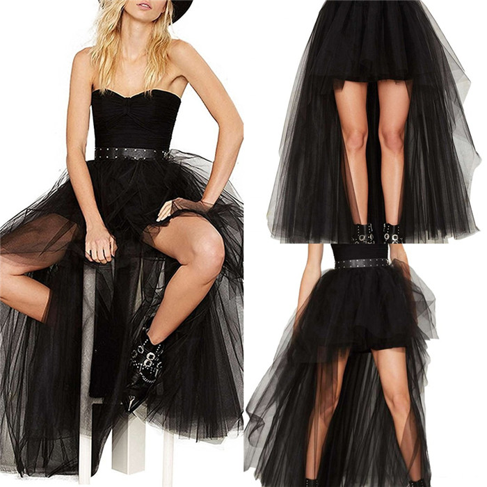 

New Fashion High Low Cheap 3 Layers Tulle Skirts Black Short Front Long Back Skirts Womens 2019 Sexy Summer Autumn Tutu Skirts CPA805, Fuchsia