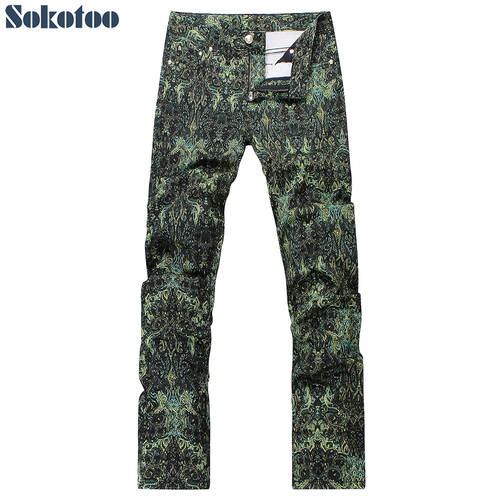 

Sokotoo Men's fashion green printed jeans Sim fit straight colored drawing denim pants