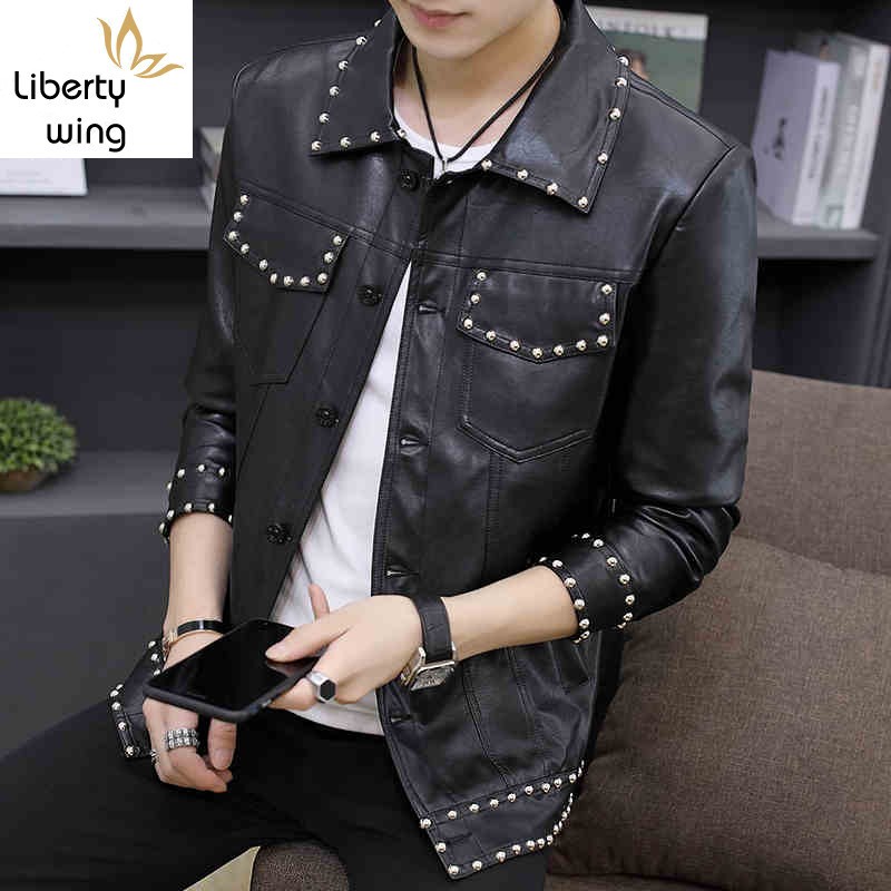 

Motorcycle Pu Leather Jacket Men Personality Rivets Vintage Slim Fit Coat Male Punk Single Breasted Fashion Black Outerwear