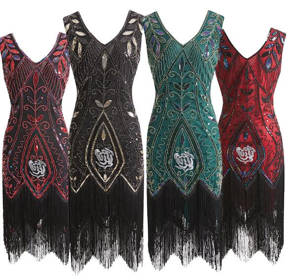Frauen Retro V Ausschnitt Der 1920er Jahre Abendkleid Pailletten Inspiriert Perlen Flapper Abend Prom Party Kleider Mit Quaste Abendkleider Damen