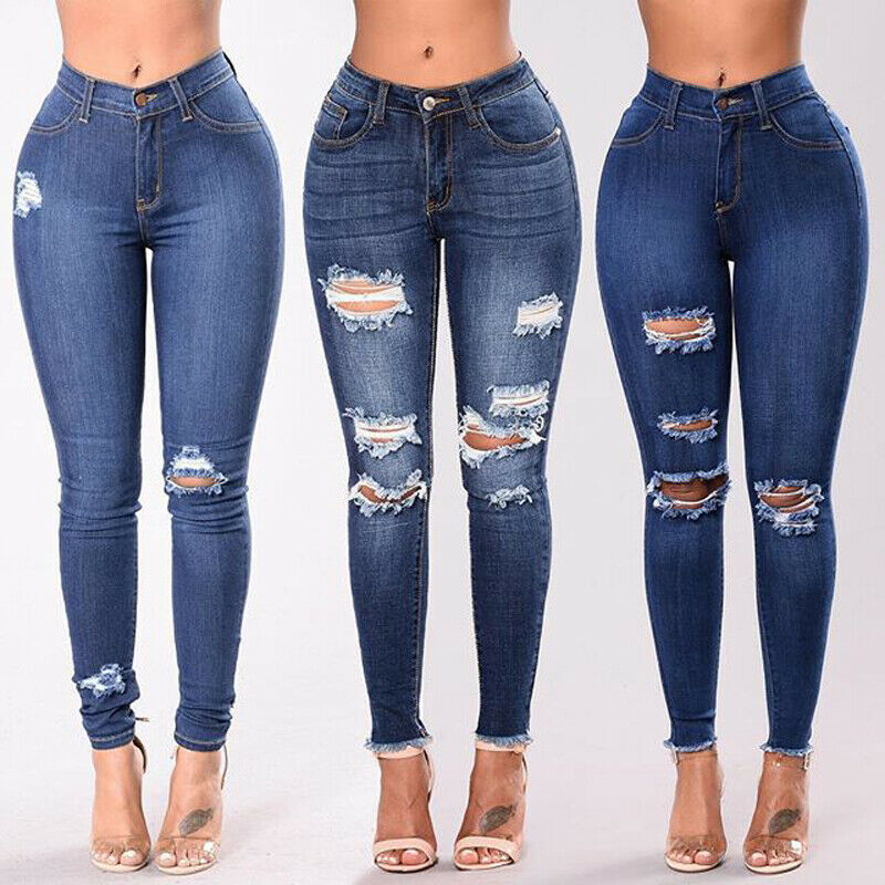 

Februaryfrost 2020 Women Fashion Stretch Skinny Ripped Hole Washed Denim Jeans Slim High Waist Pencil Pants Jeggings, Blue