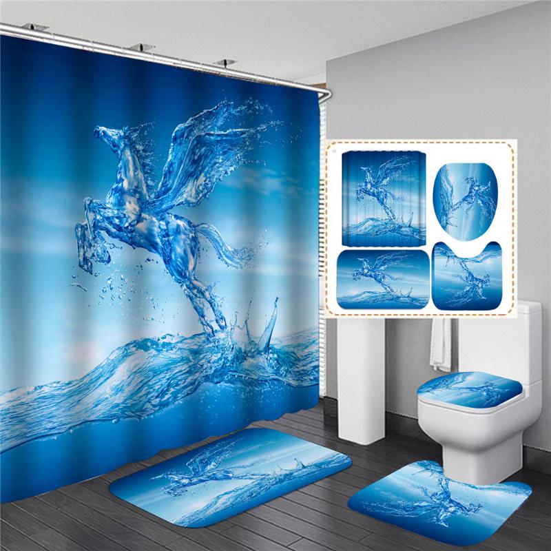 

4pcs Sea Style Non Slip Toilet Polyester Cover Mat Set Bathroom Shower Curtain Bathroom Decor Washable Water Absorption Colorful