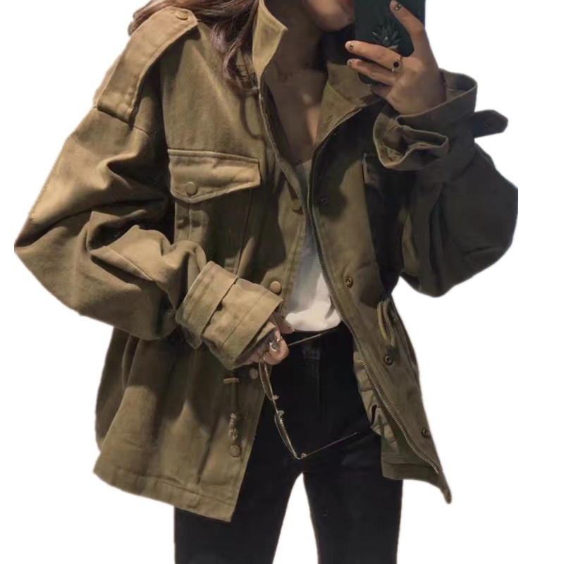 

Female Trench Coat Women 2019 Spring Autumn New Streetwear Drawstring Solid Windbreaker Slim casual Outerwear FY26, Black
