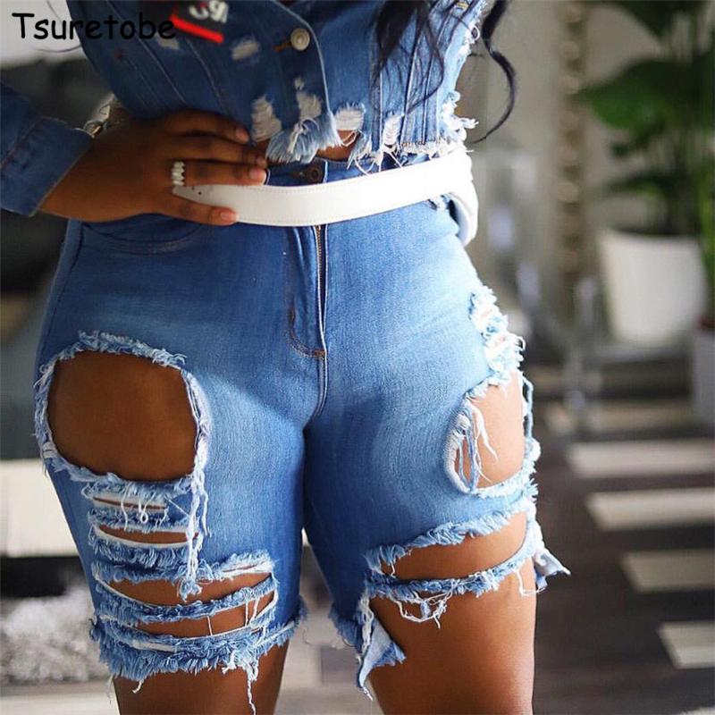 

Tmustobe Sexy Hole Ripped Denim Shorts Women Irregular Tassel Short Jeans Summer Casual Stretch High Waist Pants Short Female, Light blue