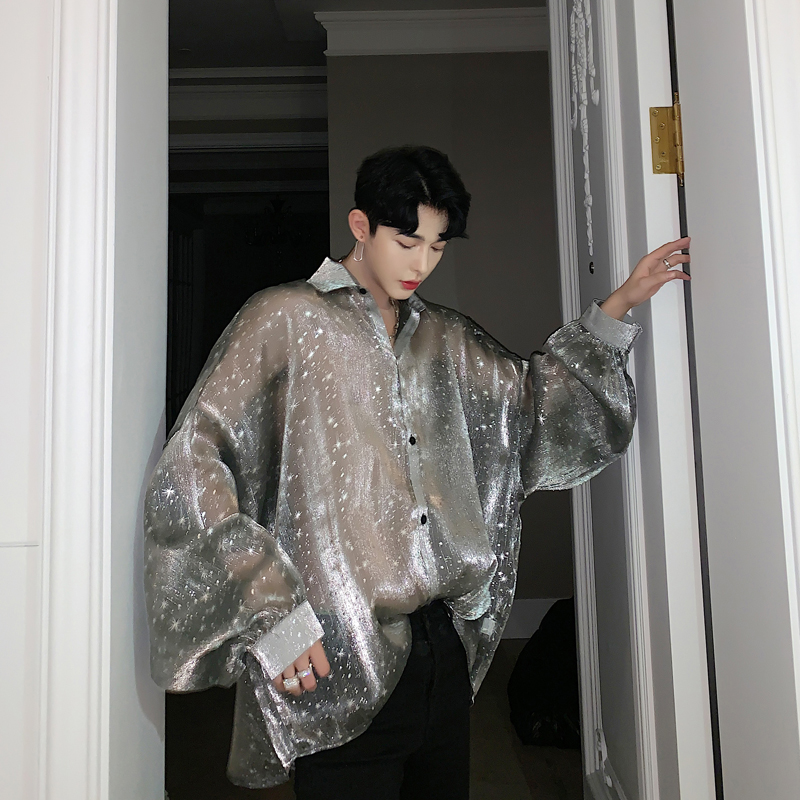 

Men Bat Long Sleeve Star Transparent Oversize Loose Casual Shirts Male Streetwear Hip Hop Punk Gothic Party Night Club Shirt, Black