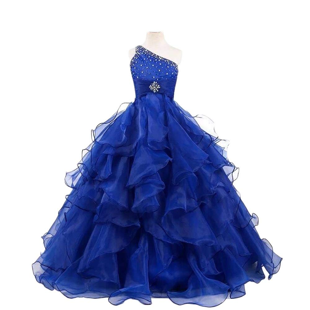 

One Shoulder Girls Pageant Dresses Floor Length Children Ball Gown Crystal Beaded Kids Prom Dresses Organza Ruffle Flower Girl Dresses, Blue