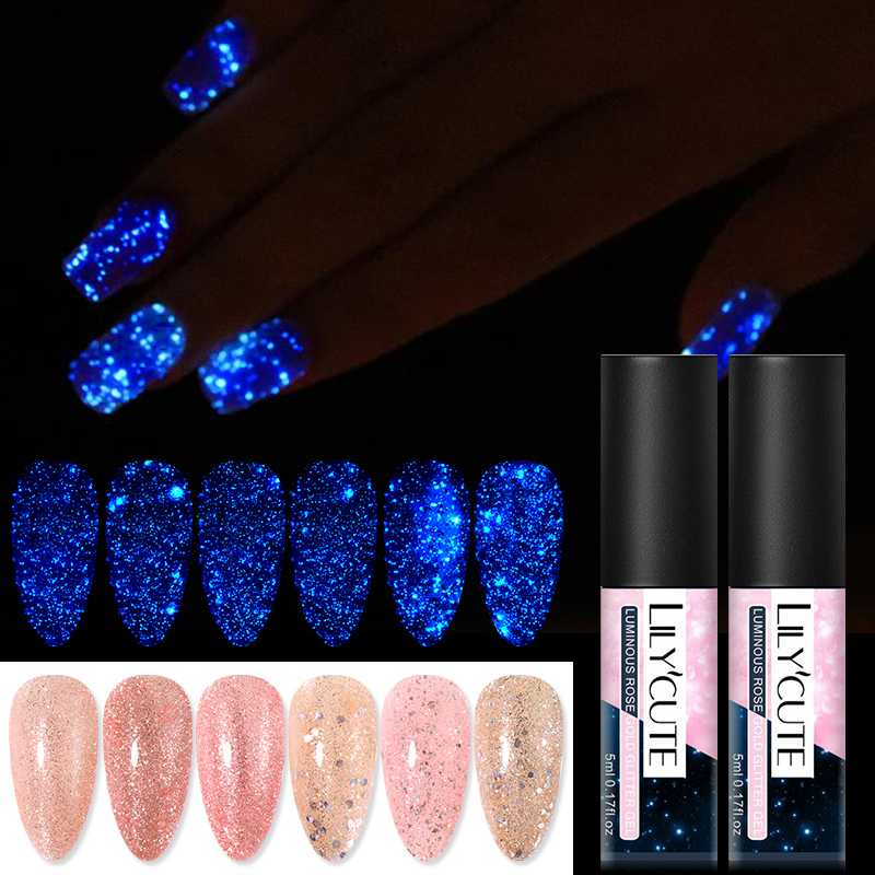 

LILYCUTE 5ml Rose Gold Luminous Glitter Gel Polish UV Soak Off Nail Art Gel Varnish Semi Permanent Long Lasting, 132