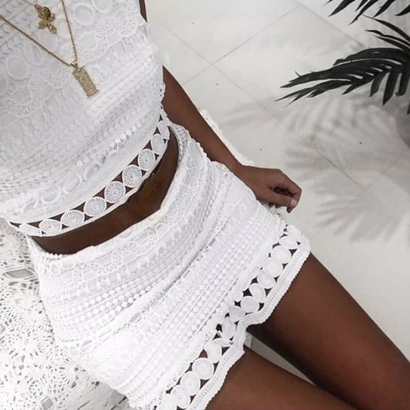

Februaryfrost Women Sexy Sexy Lace Stitching Hollow Out Dress Elegant Sleeveless Chic Short Club Party Dresses Streetwear, White