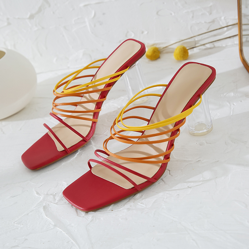 

New summer high heels gladiator slippers women's shoes pu leather crystal heel sweet dating shoes female beach slipper femme, Red