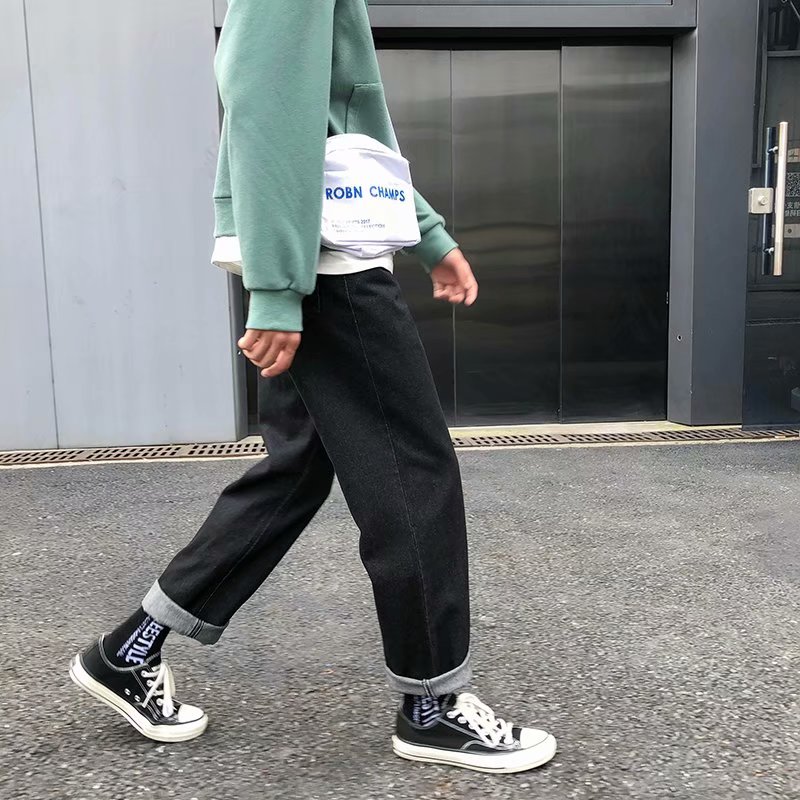

spring and summer new jeans male straight loose loose sense wide leg tide brand Korean trend nine points pants dad ins pants, K119wk-light blue