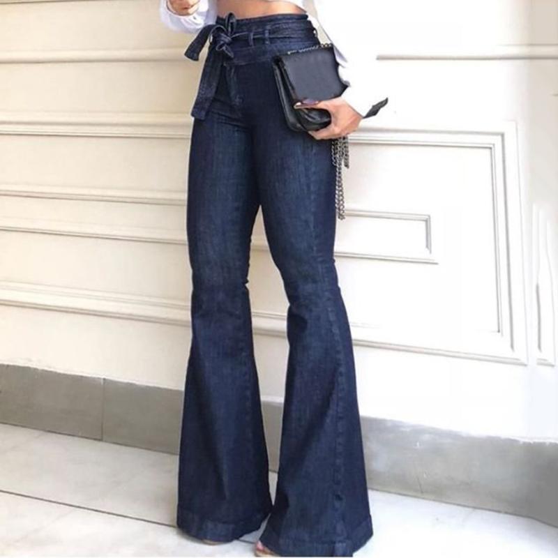 

Women Bandage Wide Leg Denim Jeans Spring High Waist Jean Pants Ladies Stretch Fare Long Trousers Streetwear