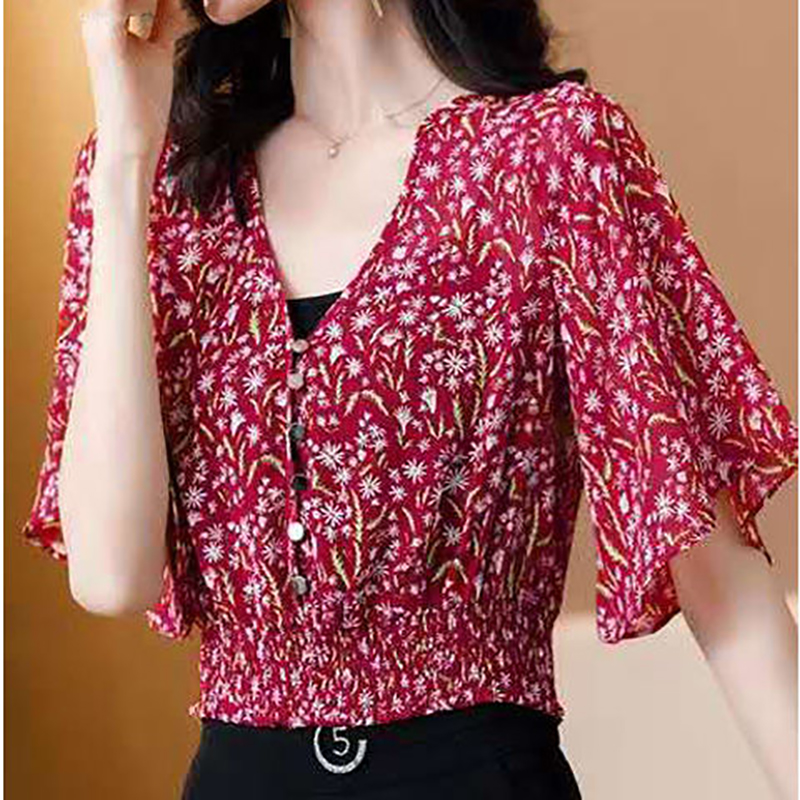 

Women Spring Summer Style Chiffon Blouses Shirts Lady Casual Short Flare Sleeve V-Neck Flower Printed Blusas Tops ZZ0714, Green