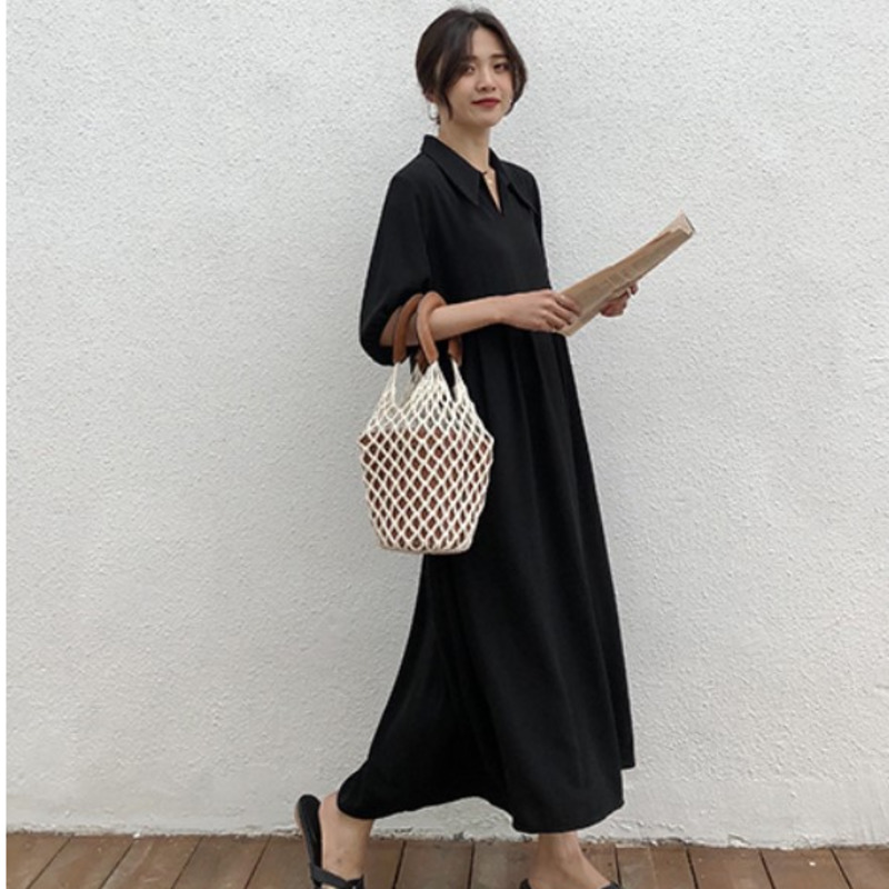 2020 Été Nouvelle Fashion Femme Femme Black Loose causal Long Shirt Robe Patchwork Coton Corée Robes E120
