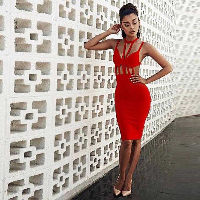

Women Fashion Hollowed Out Bandage Dress Sexy Bodycon Party Dress, Red