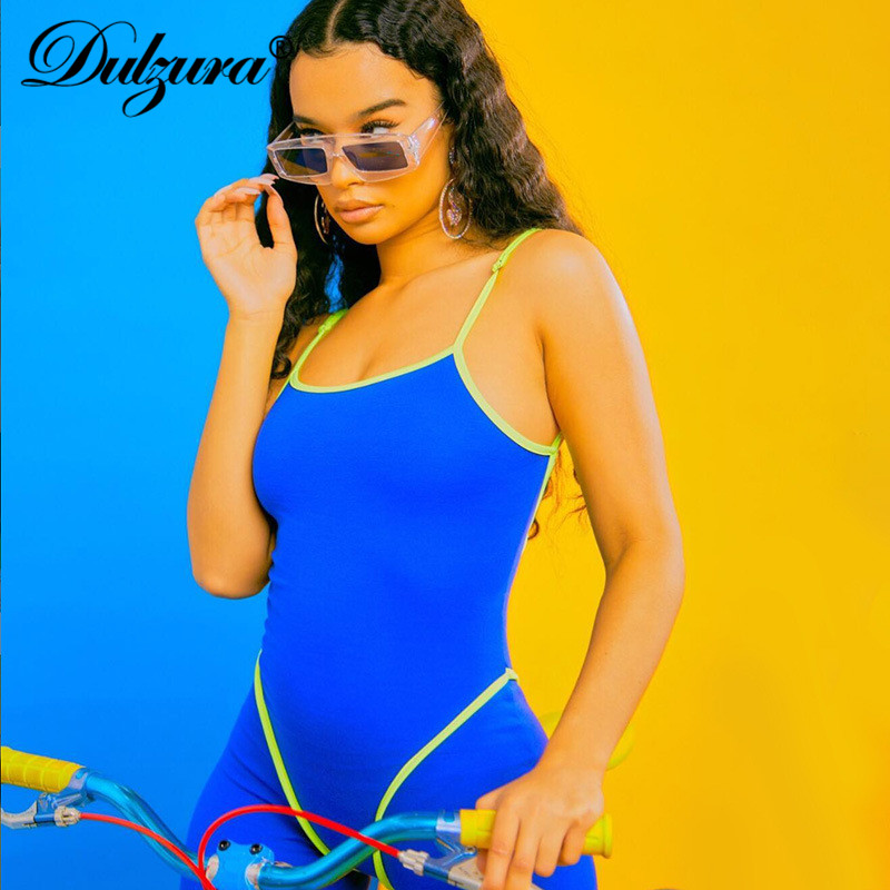 

Dulzura summer women playsuit sexy hollow out patchwork streetwear festival party clothes sportswear tracksuit overalls rompers, Blue