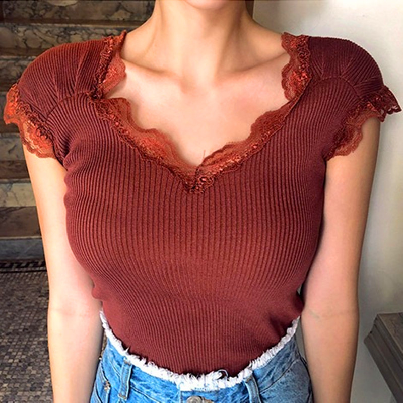 

Elastic Knitted Soft Women Summer Shirts 2020 Korean Fashion Design Lace Stitching V-Neck Sexy Womens Tops Blouses Solid Casual, Beige